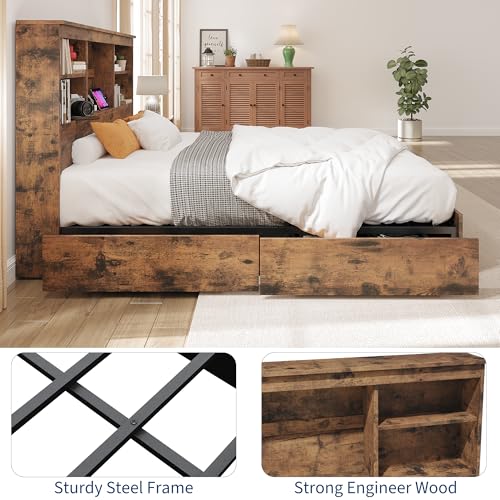 GarveeHome Full Size Bed Frame with Bookcase Headboard and Charging Station Z337