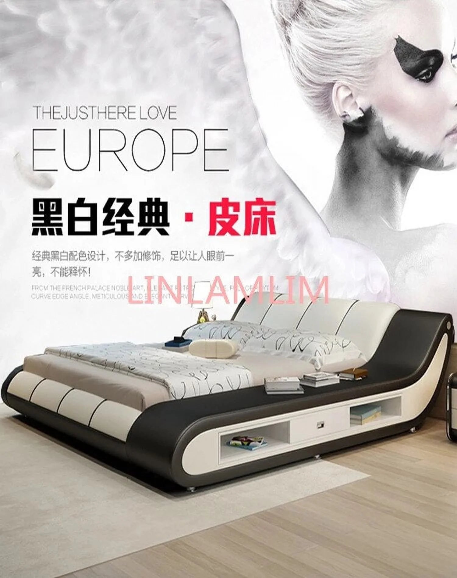 Genuine Leather Bed Frame with Storage Modern Bedroom Furniture J28956