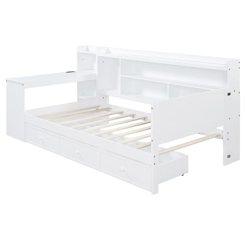 Bellemave Twin Corner Bed Frame with Storage Shelves and Desk, Gray L74206