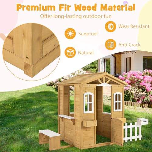 Costzon Outdoor Fir Wood Playhouse for Kids with Bench & Mailbox N477566