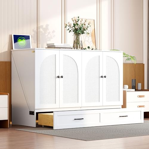 Harper & Bright Designs Queen Murphy Bed Cabinet with USB Charging Station, White D9669