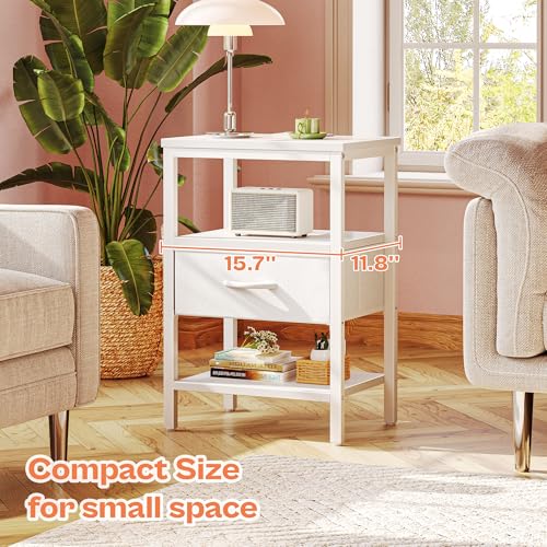 SUPERJARE Nightstand with Charging Station, Fabric Drawer, 3-Tier Storage, Walnut K366263