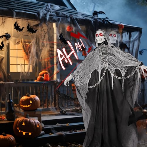 74'' Halloween Outdoor Decorations, Life Size Sound Activated Skeleton Ghost with Light Up Eyes E958980