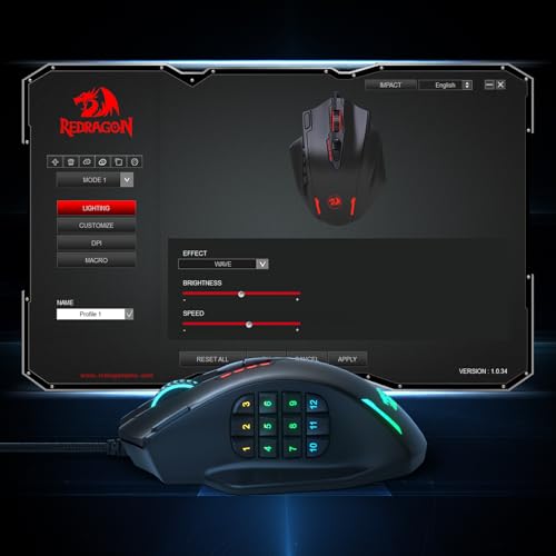 Redragon M908 Impact RGB MMO Gaming Mouse with 12 Side Buttons, 12400 DPI U713989