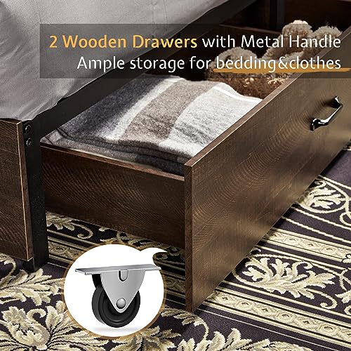 VanAcc Full Size Wooden Platform Bed with Bookcase Headboard and 2 Drawers O6158