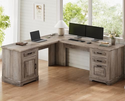 Itaar Farmhouse Executive L Shaped Desk with File Drawer and Power Outlet, White X918168