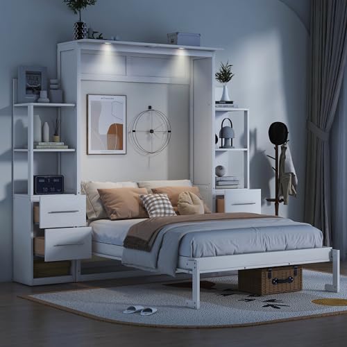 PURLOVE Queen Size Solid Wood Murphy Bed with Shelves and LED Lights H5456