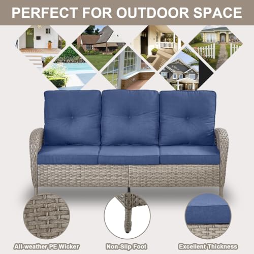 Outdoor Wicker Swivel Rocker Chairs Set of 2 with Rattan Side Table, Brown/Blue B592