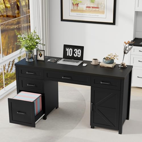 Farmhouse 61" Executive Desk with 5 Drawers and Charging Station, Pure Black W116439