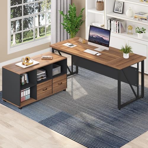 Tribesigns 63" Executive Desk with 47" Lateral File Cabinet, L-Shaped Computer Desk, Brown and Black N680173