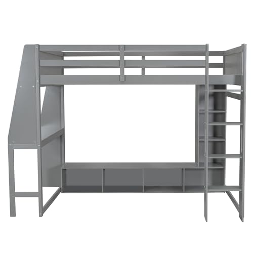 SOFTSEA Full Size Loft Bed with Desk, Storage and LED Lights, Solid Wood, Grey Q282