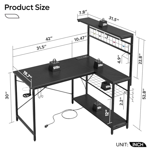 Bestier 42 L Gaming Desk with Power Outlets, LED Lights and Shelves D8630