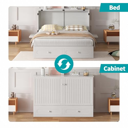 BALUS Murphy Cabinet Bed Queen with USB Charging Station, Tri-Fold Mattress, Dark Grey V81631