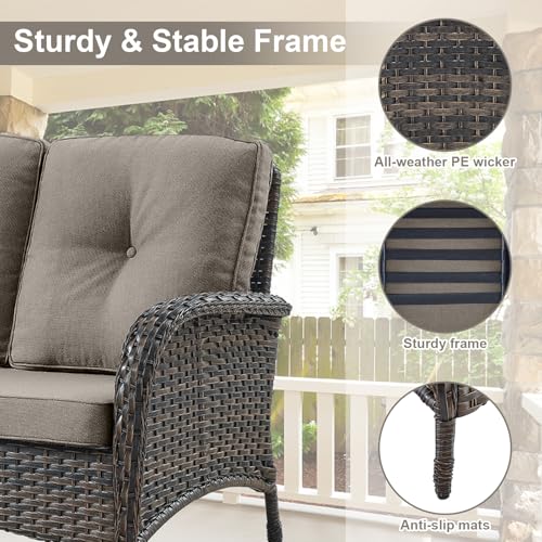 Outdoor Wicker Swivel Rocker Chairs Set of 2 with Rattan Side Table, Brown/Blue B592
