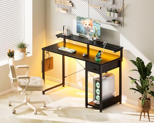 AODK Gaming Desk with LED Lights & Power Outlet, 40 Inch, Black T67329