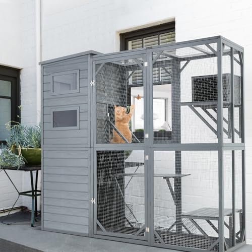 Mdeam Large Catio Outdoor Cat Enclosure with Weatherproof Roof, Grey Green W3403