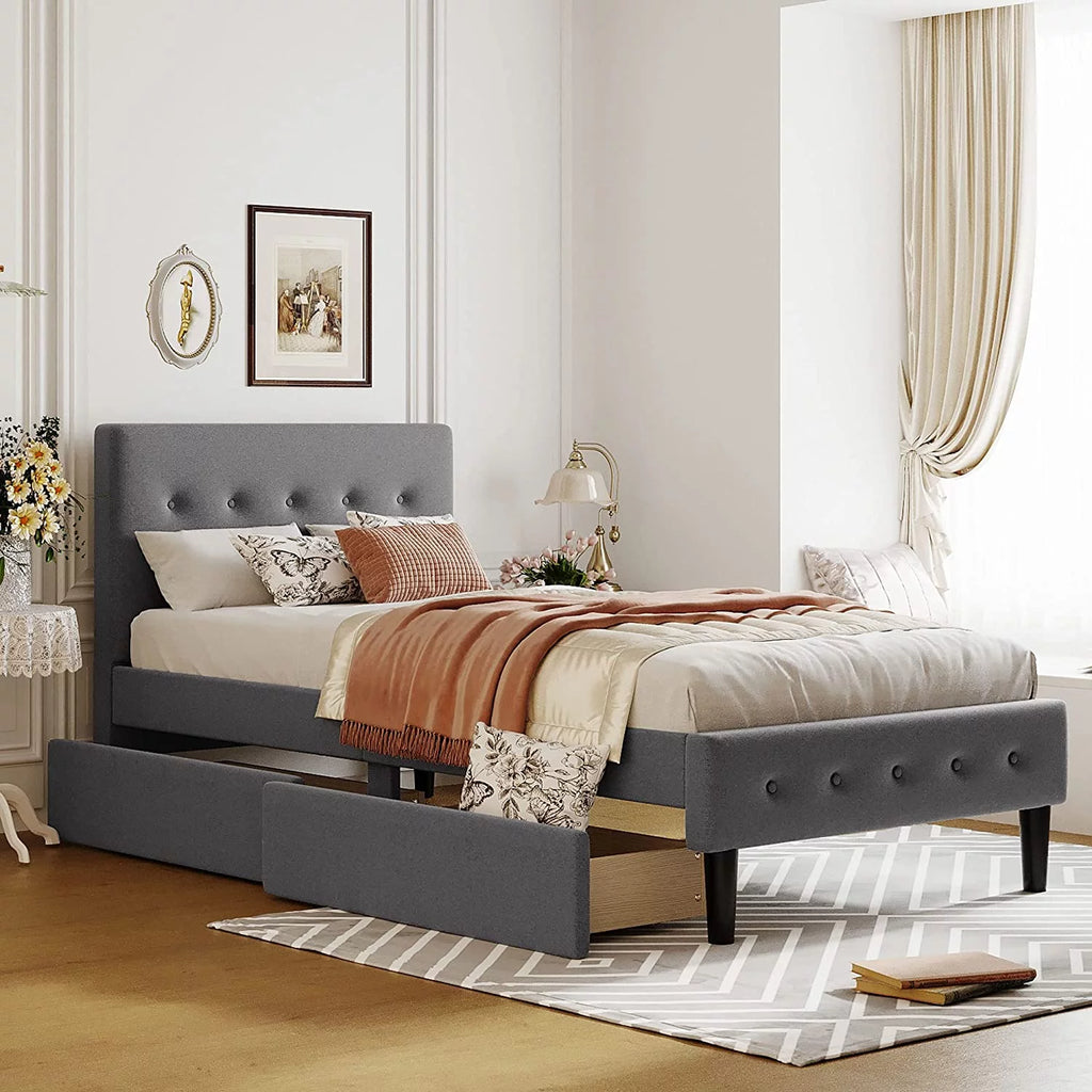 Tabaray Twin Bed Frames, Bed Frame Twin Storage Bed Upholstered Twin Size Bed Frames with Headboard and Storage Underneath, Wooden Slats Support, No Box Spring Needed，Beige