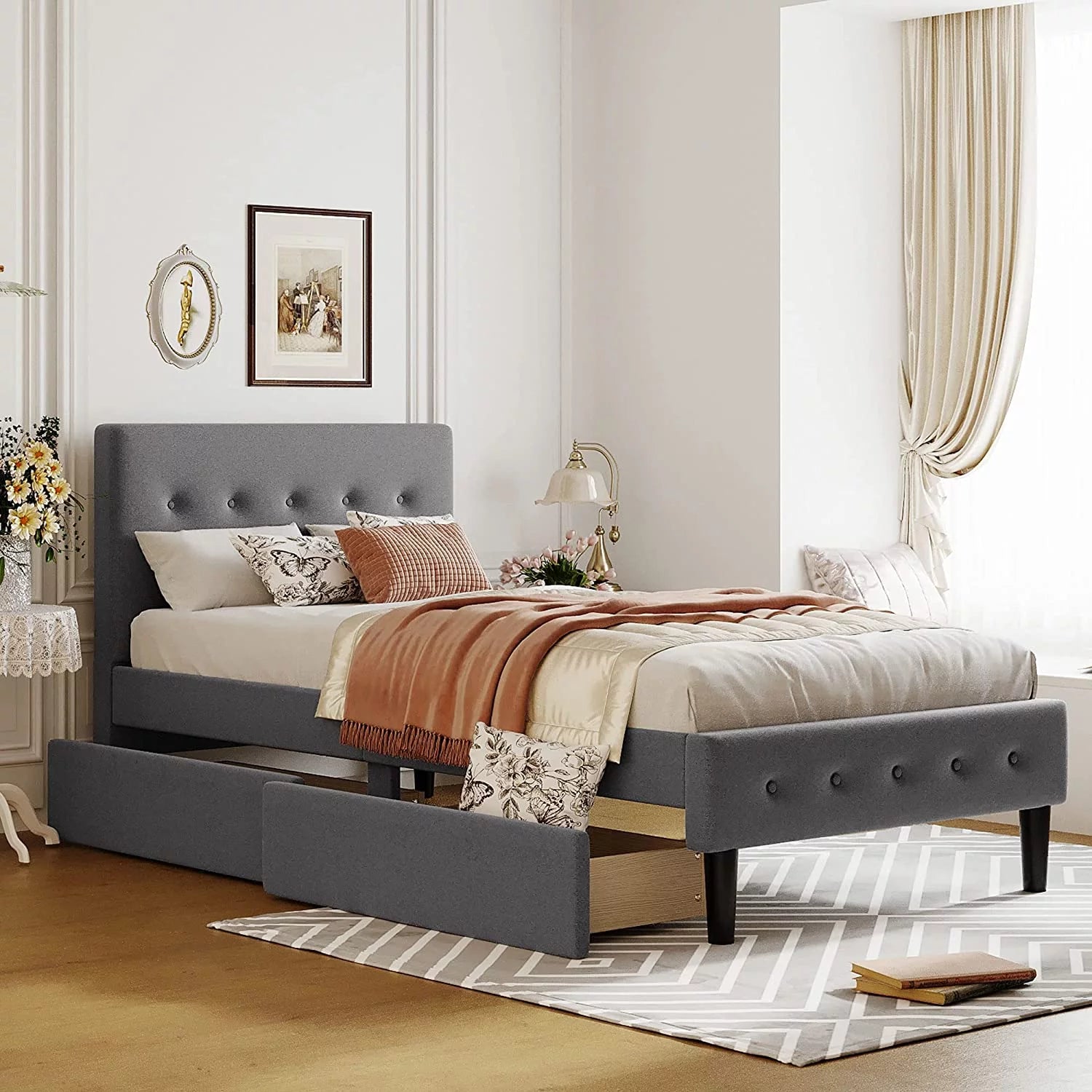 Tabaray Twin Bed Frames, Bed Frame Twin Storage Bed Upholstered Twin Size Bed Frames with Headboard and Storage Underneath, Wooden Slats Support, No Box Spring Needed，Beige