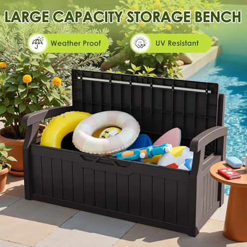 Greesum 80 Gallon Outdoor Storage Bench, Resin Patio Furniture, Dark Black I77551