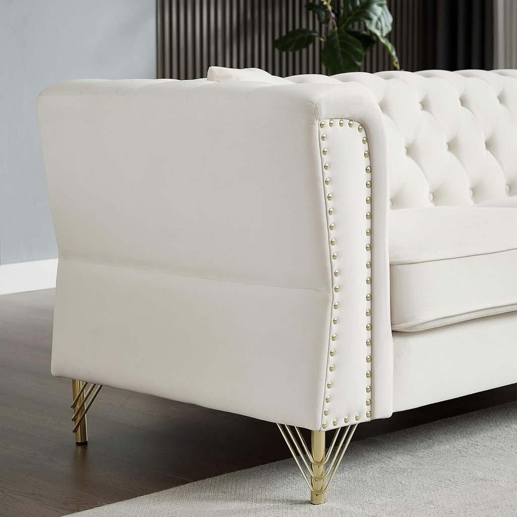 Chesterfield Sofa Grey Velvet 3 Seater Tufted Couch with Metal Foot and Nailhead N623406