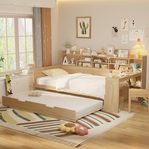 Bellemave Twin Corner Bed Frame with Storage Shelves and Desk, Gray L74206