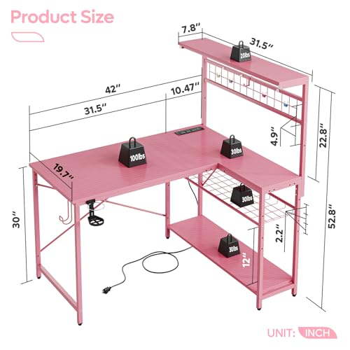 Bestier 42 L Gaming Desk with Power Outlets, LED Lights and Shelves D8630
