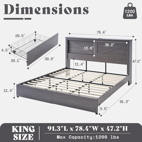 AMERLIFE King Bed Frame with Bookcase Headboard and Charging Station V4787