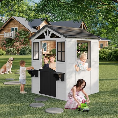Cedar Wooden Kids Playhouse with Play Kitchen and Vinyl Roof U118424
