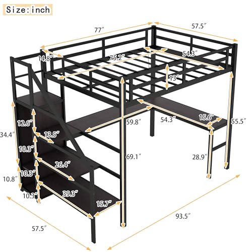 Wood Full Size Gaming Loft Bed with Desk, LED and Charging Station O637