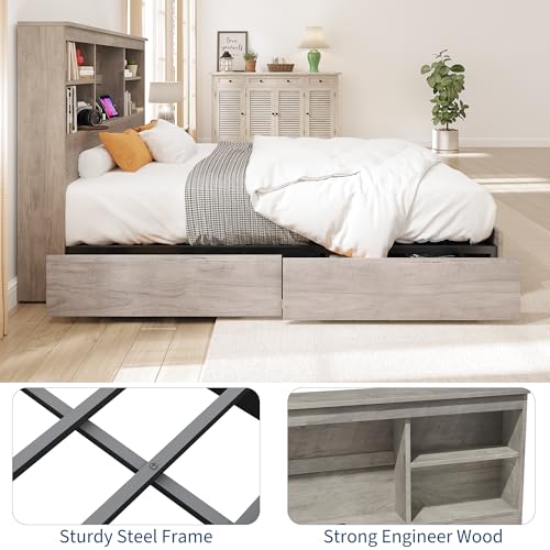 GarveeHome Full Size Bed Frame with Bookcase Headboard and Charging Station Z337