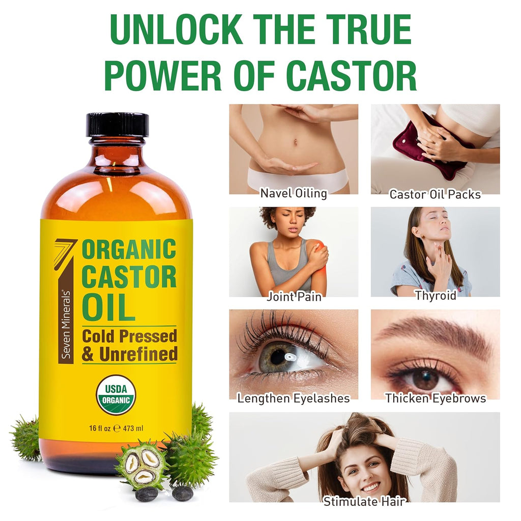 Seven Minerals Organic Cold Pressed Castor Oil, 16 fl oz Glass Bottle K5370
