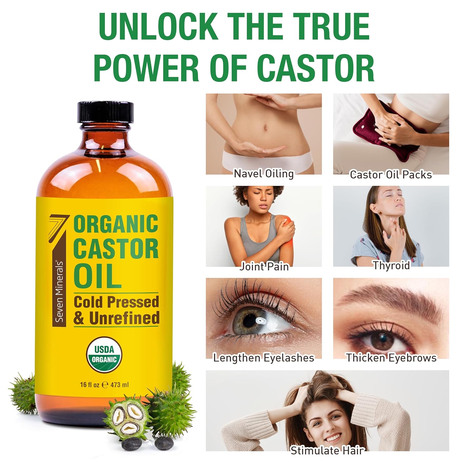 Seven Minerals Organic Cold Pressed Castor Oil, 16 fl oz Glass Bottle K5370