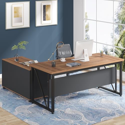 Tribesigns 63" Executive Desk with 47" Lateral File Cabinet, L-Shaped Computer Desk, Brown and Black N680173