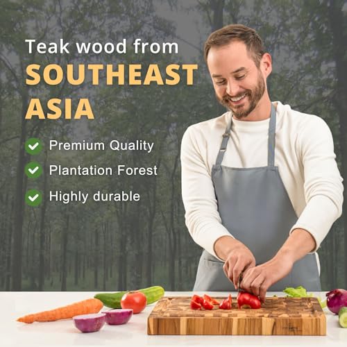 BEEFURNI Teak Wood End Grain Cutting Board with Juice Groove, Medium T51025