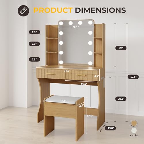 White Vanity Desk with LED Mirror and Storage Stool D5834