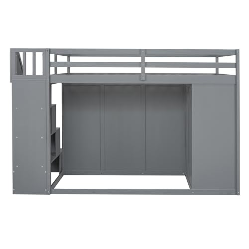Harper & Bright Designs Twin Size Loft Bed with L-Shaped Desk and Stairs, Solid Wood, White D768