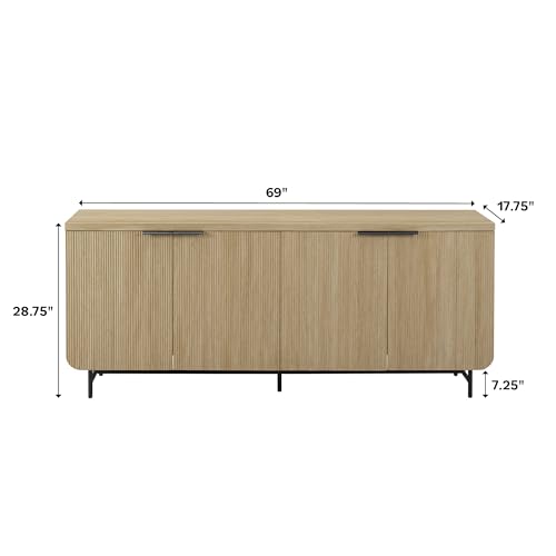 Walker Edison Reema Fluted 4-Door Kitchen Sideboard Buffet Console, 69 Inch, Coastal Oak V903859