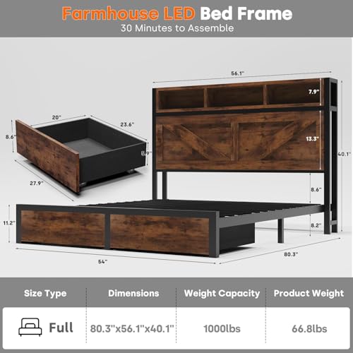 Farmhouse Full Bed Frame with Bookcase Headboard, Charging Station, Brown K11127