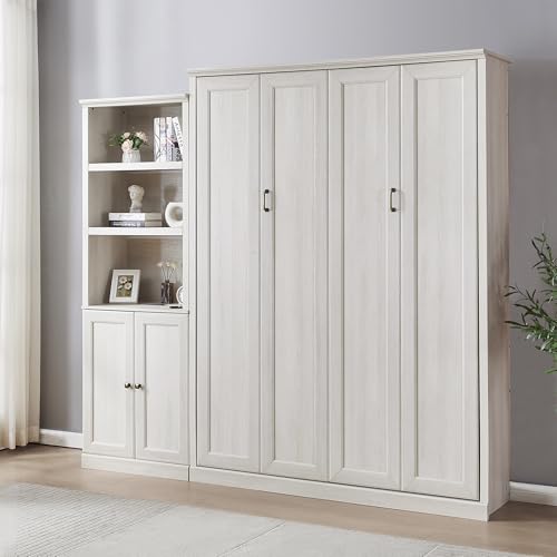 Queen Size Murphy Bed with Side Cabinet Storage Shelf, Rustic White X5267