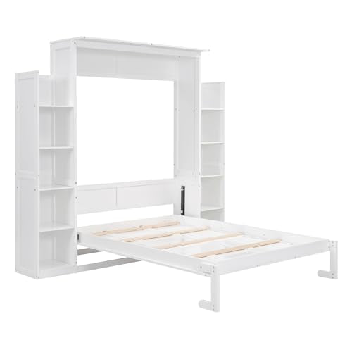 Queen Size Murphy Bed with Shelves and LED Lights, Foldable Wood Wall Bed Frame S155886