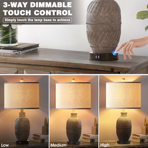 3-Way Dimmable Touch Control Table Lamps Set of 2 for Bedroom, USB Ports and AC Outlet X64612