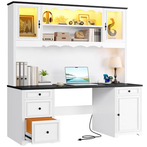YITAHOME Executive Desk with Hutch, Drawers, Power Outlet & LED Lights, White & Black Z850393