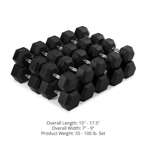 Titan Fitness 55-100 LB Pair Rubber Coated Hex Dumbbell B478