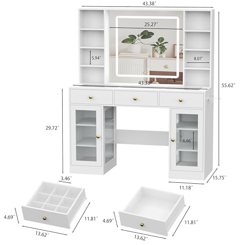 White Vanity Desk with Mirror and Lights, Glass Top, 3 Drawers V863482