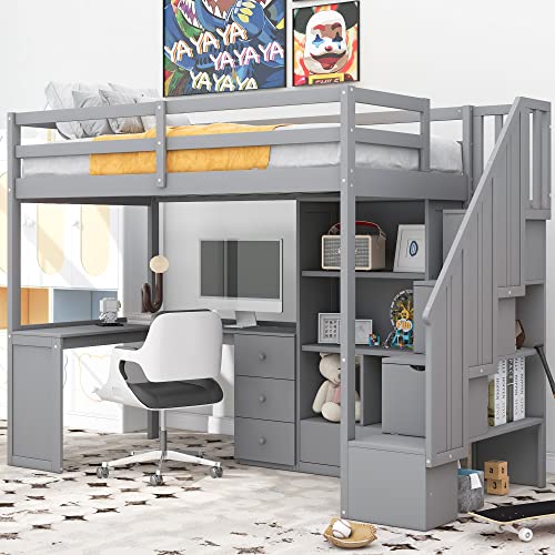 Harper & Bright Designs Twin Size Loft Bed with L-Shaped Desk and Stairs, Solid Wood, White D768