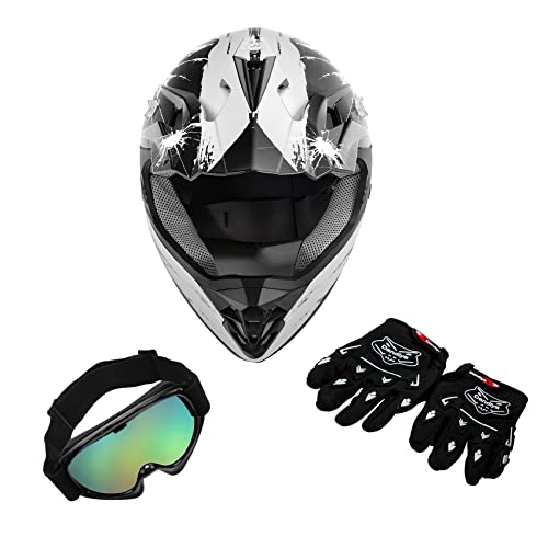 SLMOTO Dot Youth Kids Motocross Offroad Helmet with Goggles and Gloves Blue Skull D851858
