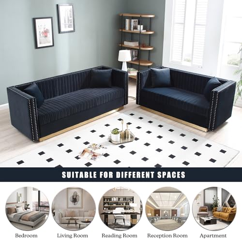 78" Velvet Couch with 2 Pillows, Gold Metal Legs, Black Z118018