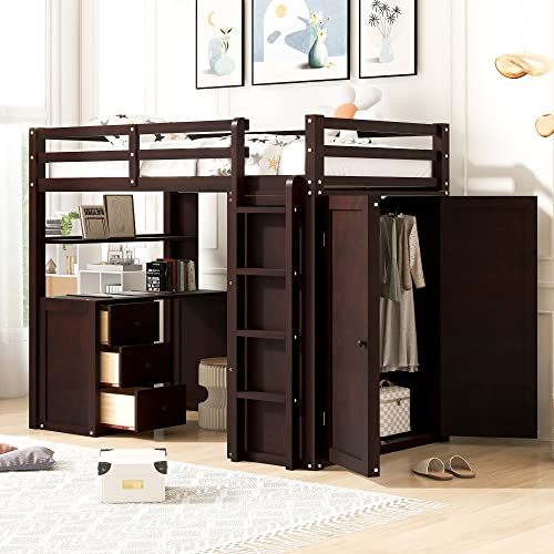 Harper & Bright Designs Full Loft Bed with Desk, Wardrobe, Solid Wood N868457