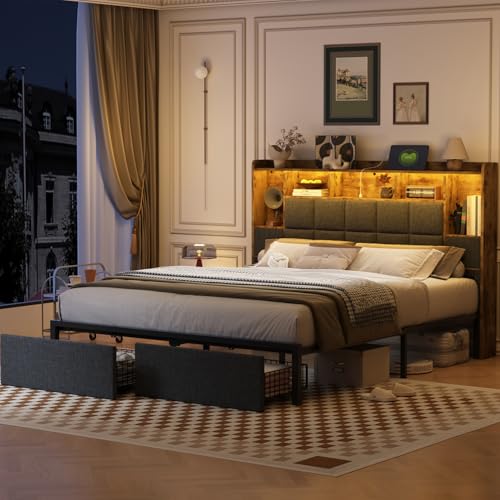LED Bed Frame Full Size with Bookshelf Headboard and Charging Station R978868