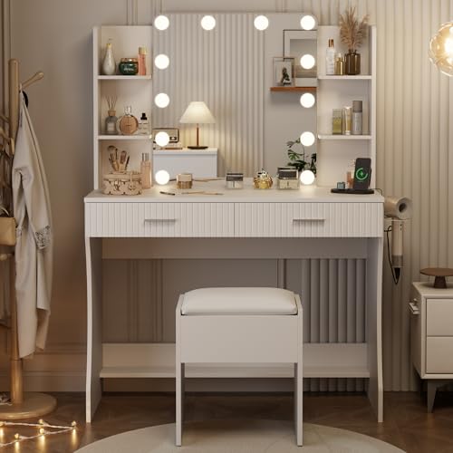 White Vanity Desk with LED Mirror and Storage Stool D5834